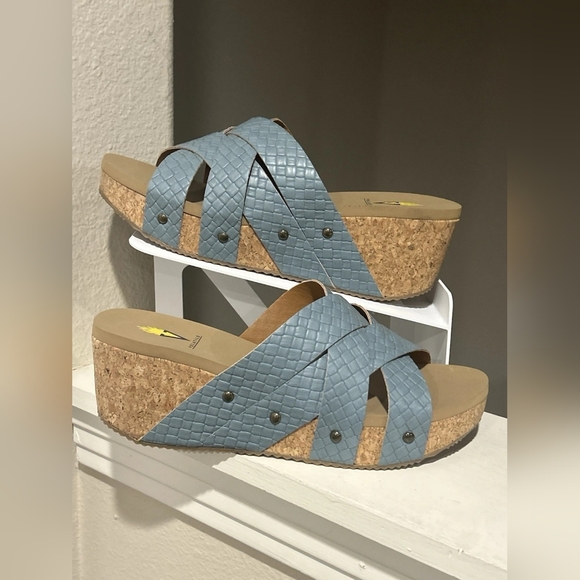 Shoes - Blue Woven Cork Wedge Sandals
